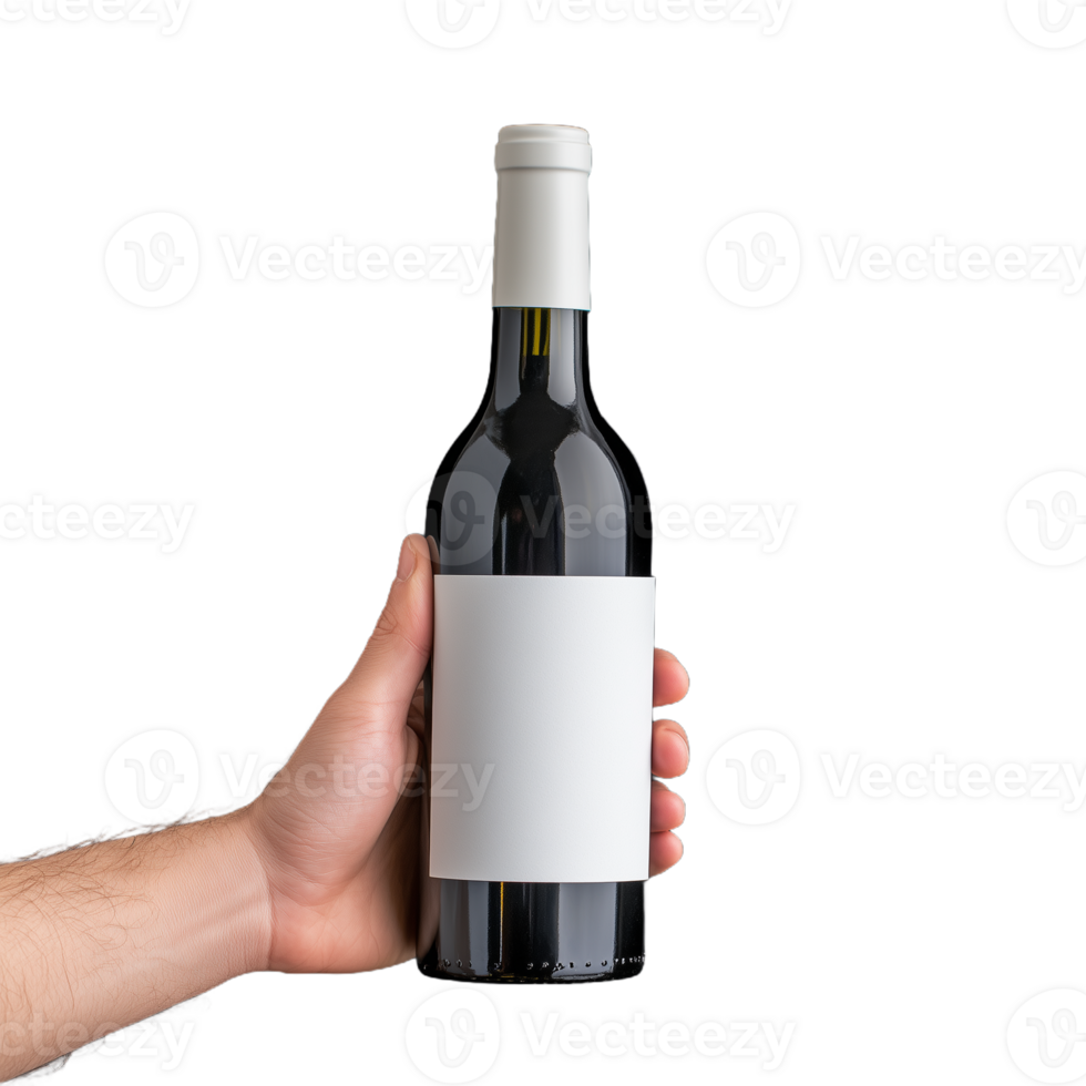 Hand holding wine bottle with blank label for branding png