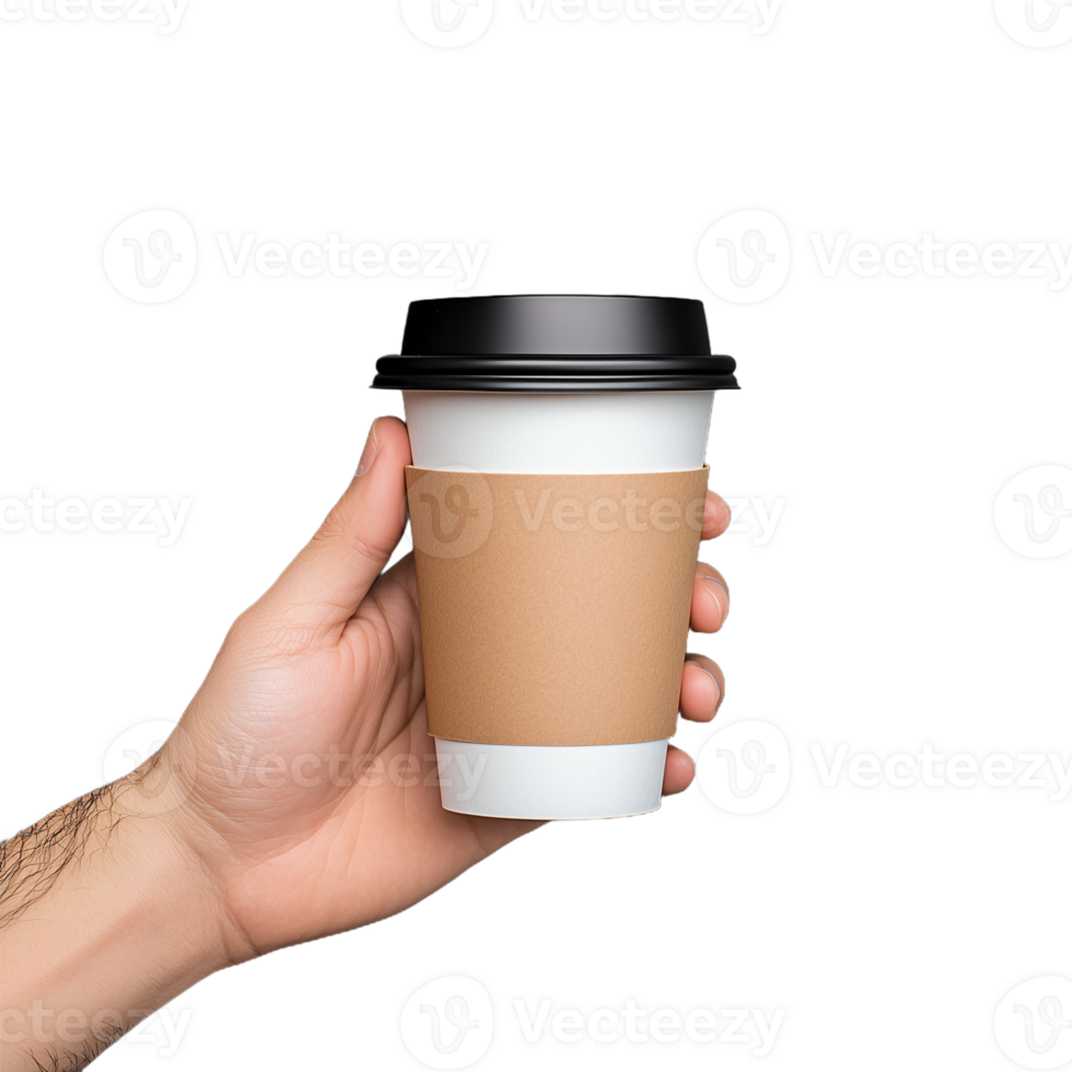 Hand holding disposable coffee cup with black lid png