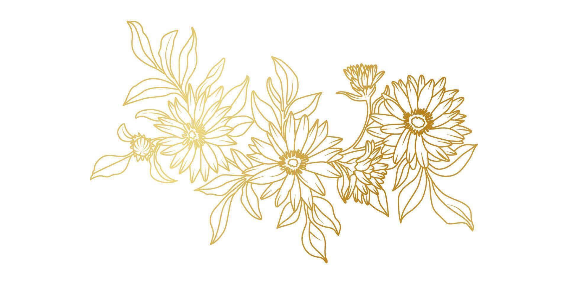 Golden Aster flowers line art isolated on white background. Luxury Aster floral design elements for invitation, wedding, wallpaper, print template, illustration vector