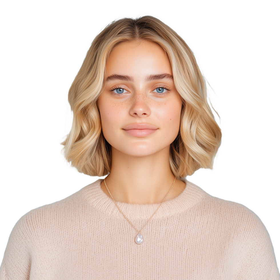 Blonde woman in beige sweater holding a pendant necklace and looking to the side on a transparent background png