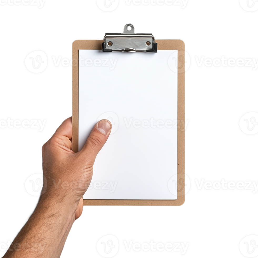 Hand holding clipboard with blank paper isolated on transparent background png