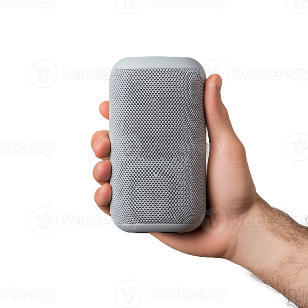 Hand holding a modern portable Bluetooth speaker png