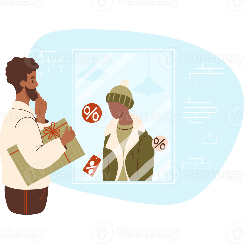 Black man at store window with mannequin wearing winter clothes png