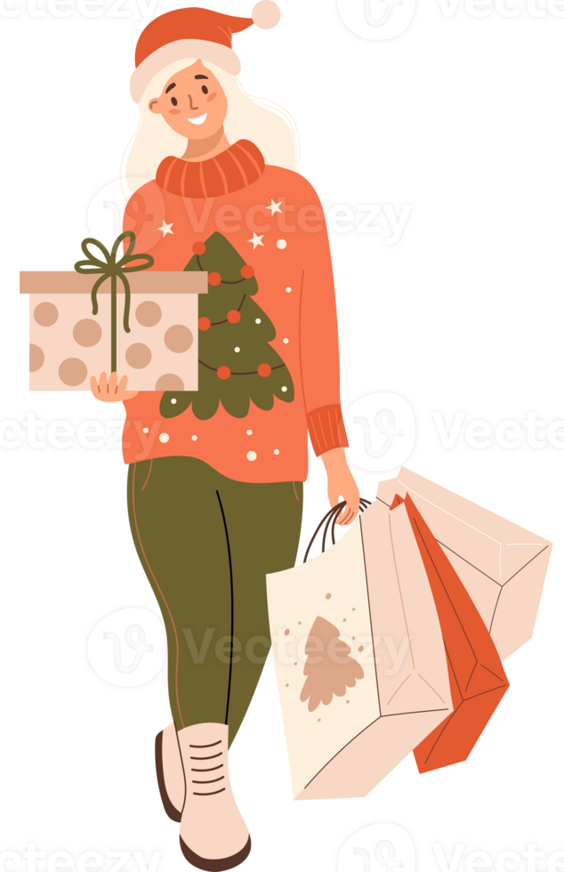 Christmas Shopping. Blonde girl in sweater and Santa hat with holiday gifts png