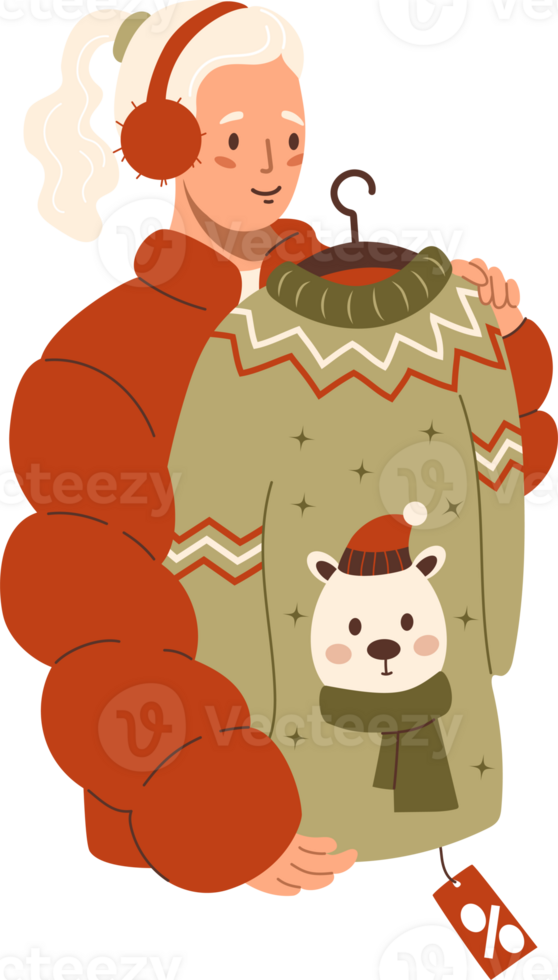 New year Shopping girl with funny Christmas sweater png