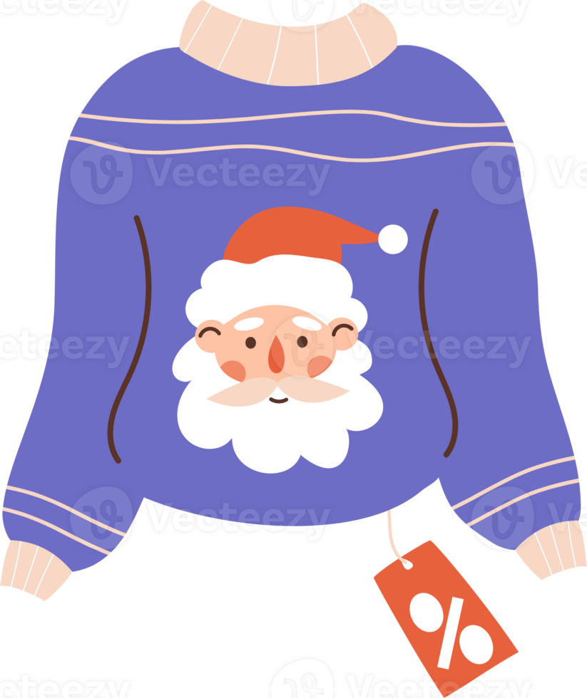 Christmas ugly sweater with Santa Claus and price tags. New Year shopping sale png