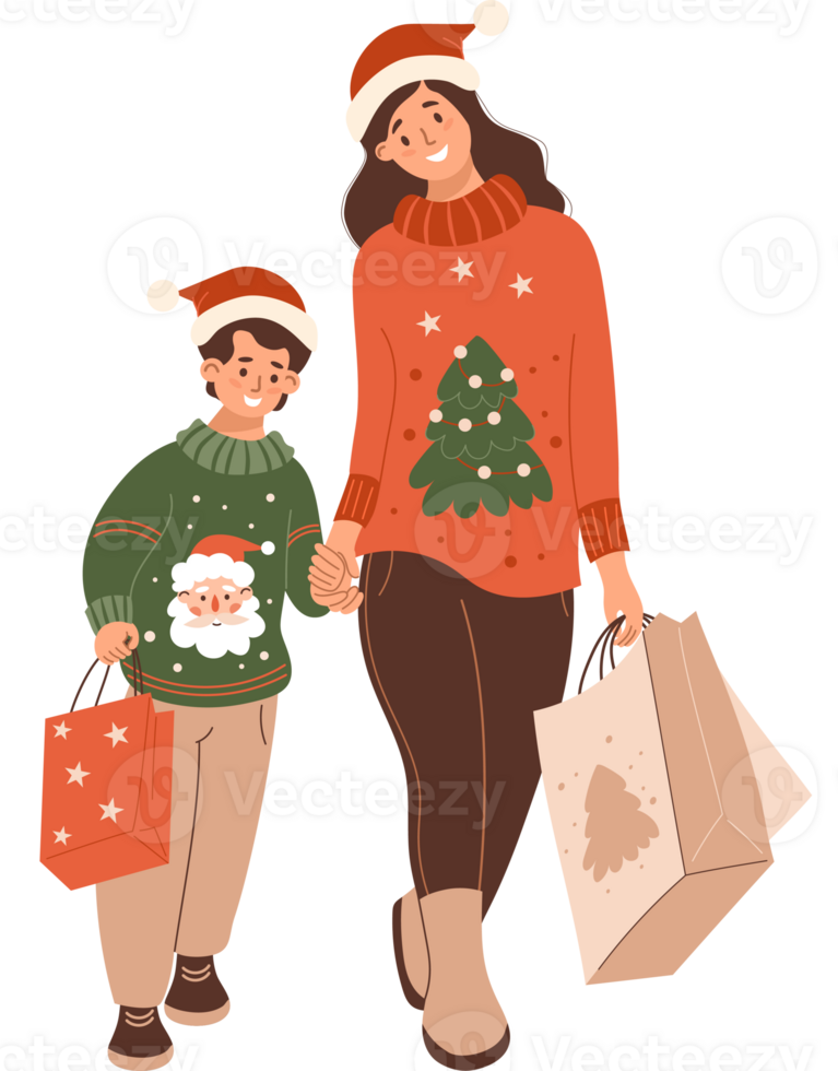 Shopping. Mom and son in Christmas sweaters and Santa hat with holiday package and gifts png