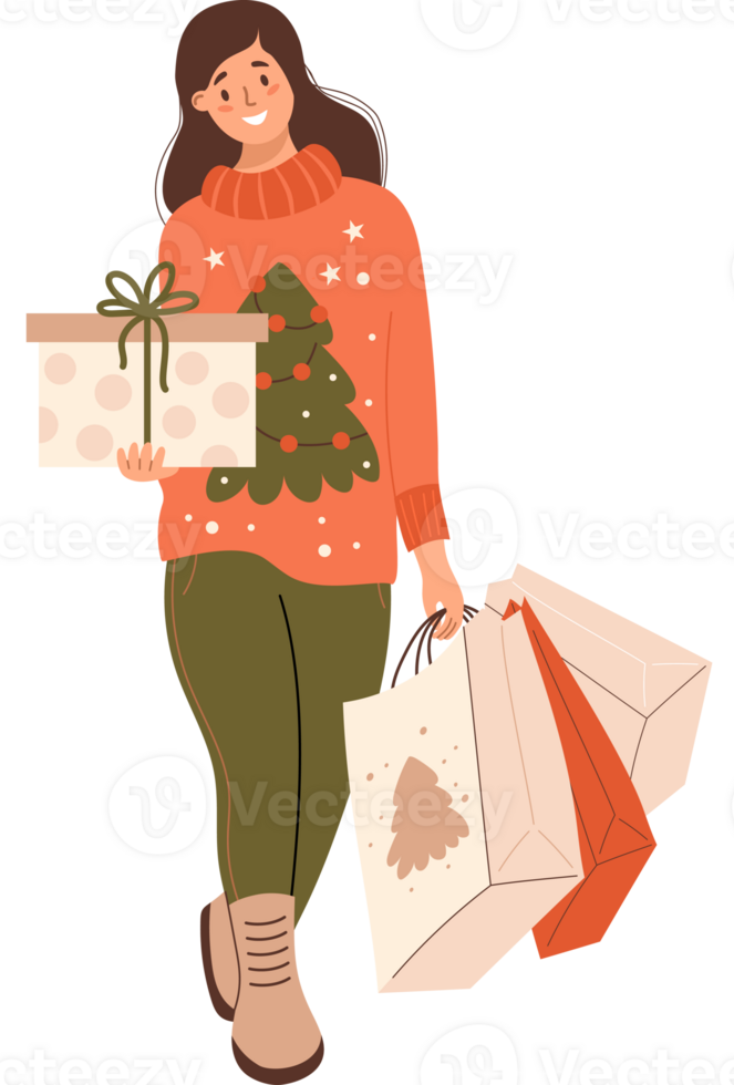 Christmas Shopping and seasonal sale . Girl in sweater and holiday packages and gift box png