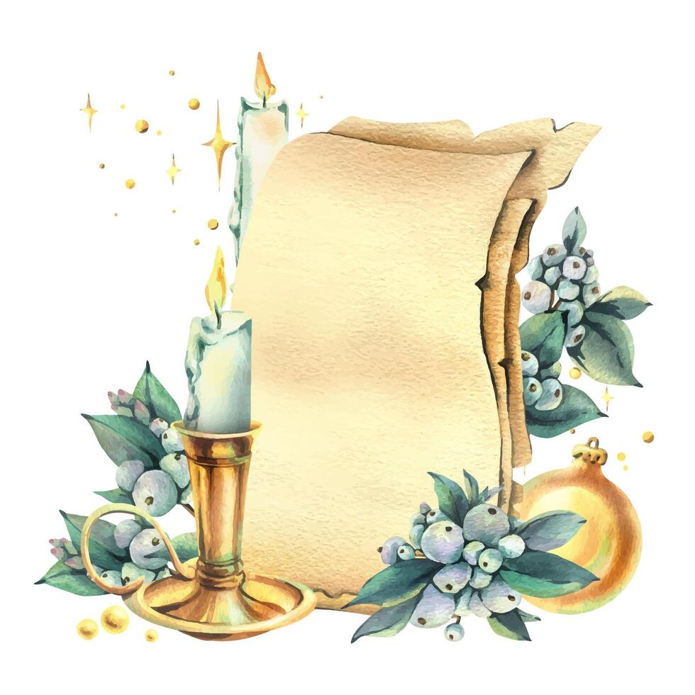 Papyrus paper sheets for text empty with candle in golden candlestick, snowberry and balls. Watercolor illustration New Year, Christmas hand drawn. Sublimation isolated from background. vector