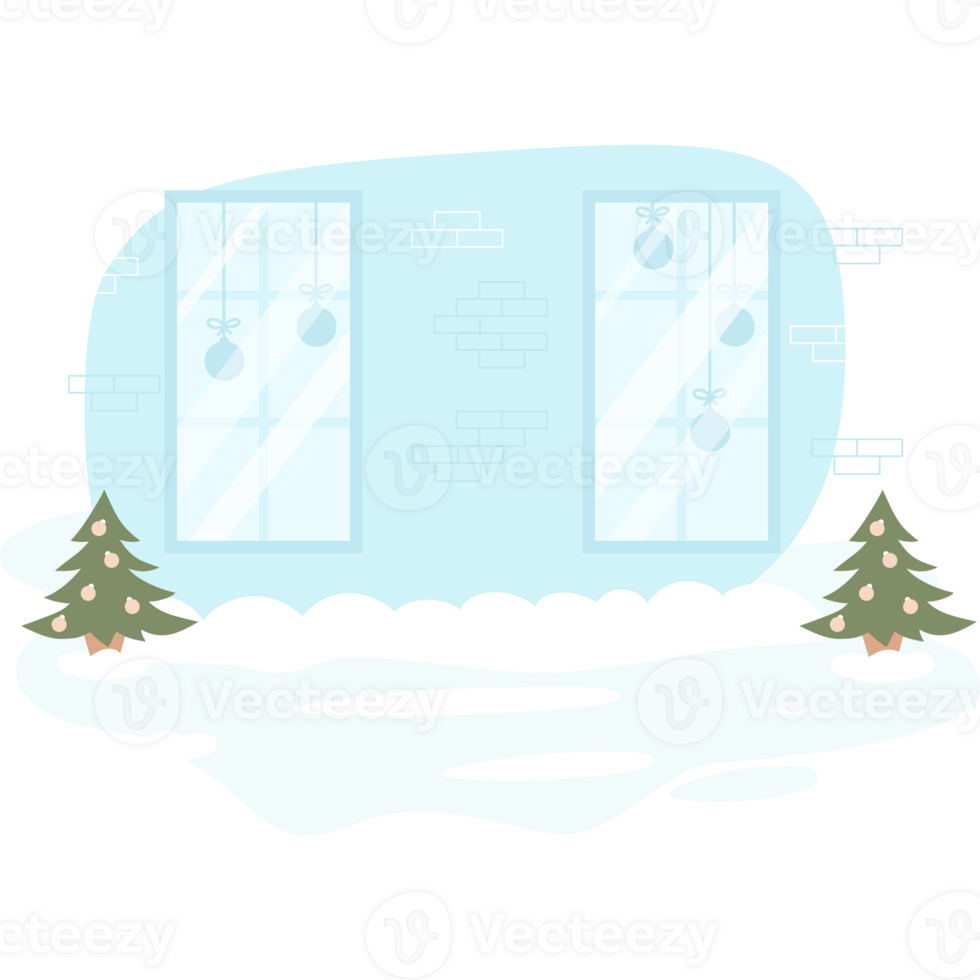 Snowy street with trees and festive Christmas store window png
