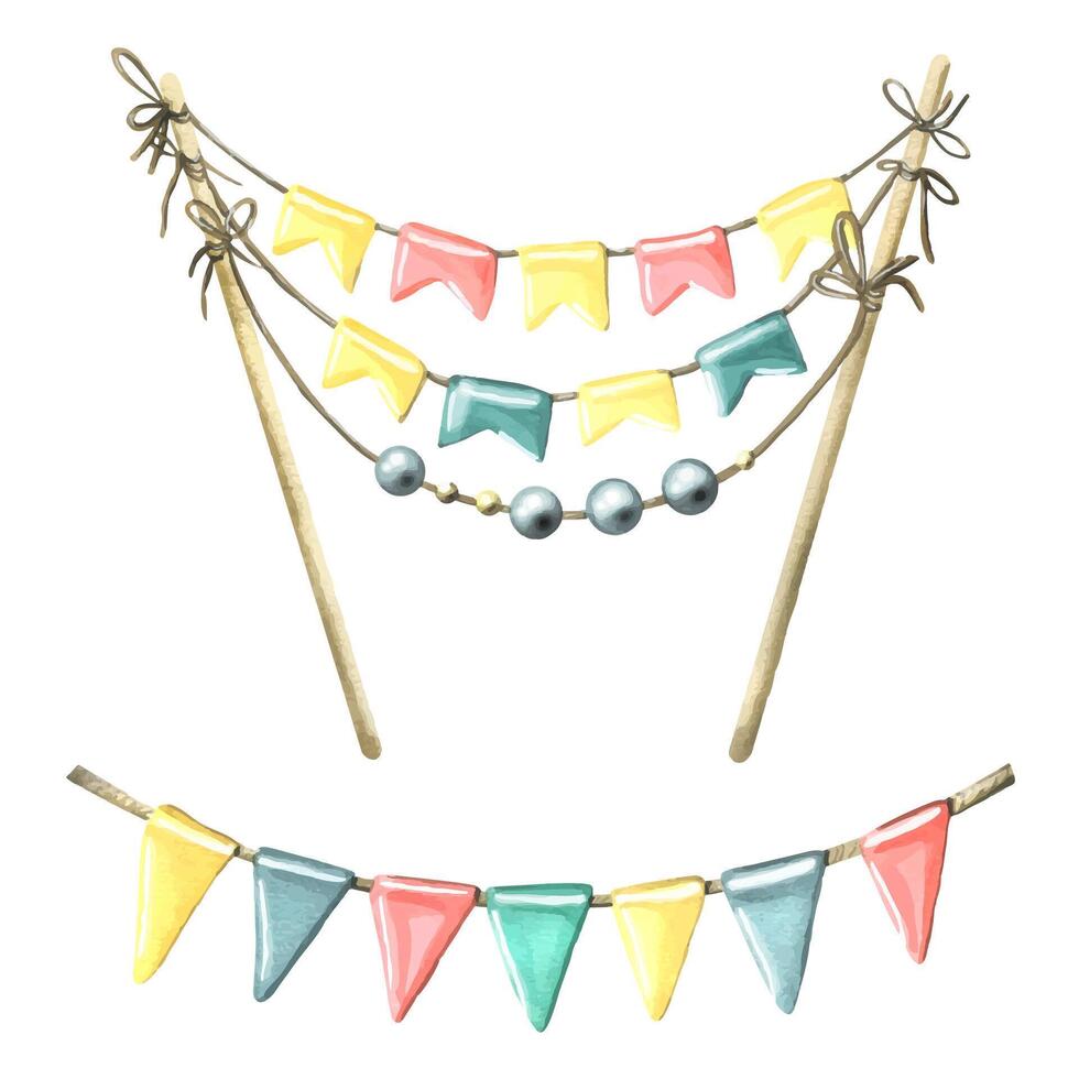 Festive, colorful flags, garlands on strings and on sticks, for cake. Watercolor illustration. Isolated objects from a large set of HAPPY BIRTHDAY. For decoration and design of greeting paraphernalia. vector