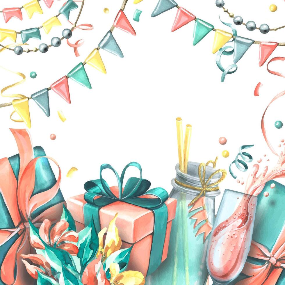 A festive composition with gifts, drinks, flowers and flags, garlands, confetti. Watercolor illustration from a large set of HAPPY BIRTHDAY. For the design and design of postcards, posters. vector
