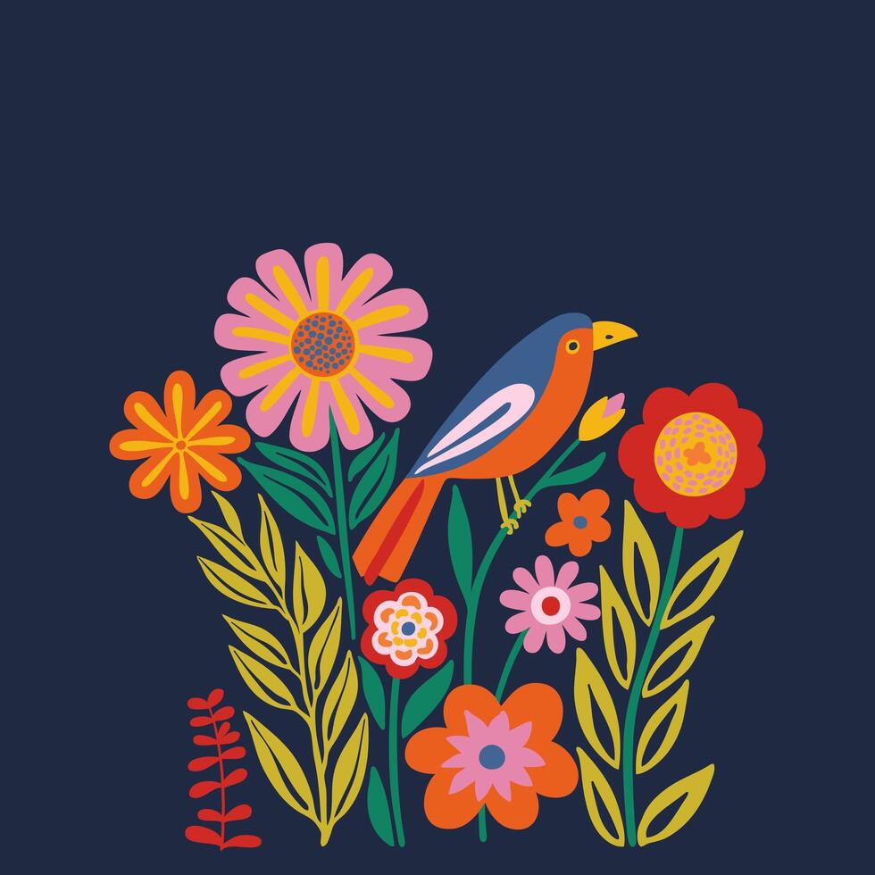 Vibrant illustration of a bird with orange body, blue head, and yellow beak among pink, red, and yellow flowers on a deep navy background with copy space for wall art, postcard design, cover, poster. vector