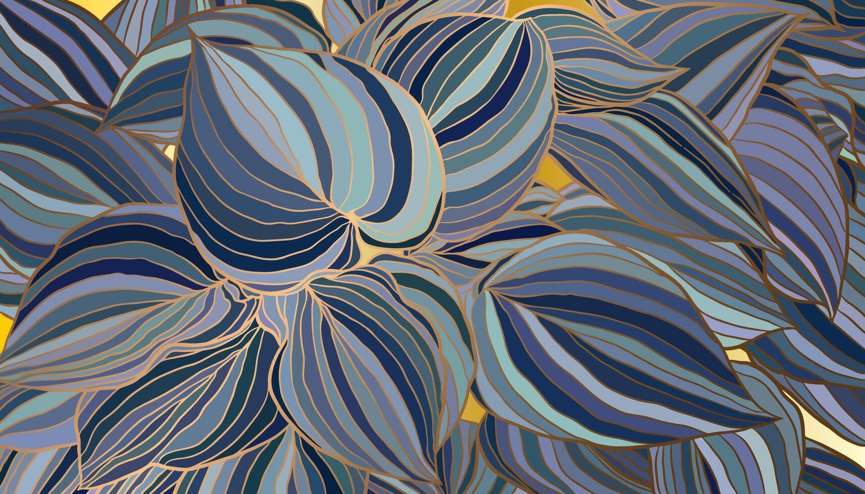 Intricate pattern of stylized striped leaves in a variety of blue tones from deep navy to light teal, with gold outlines. Luxury art deco wallpaper design for prints, posters, covers, wrappings. vector