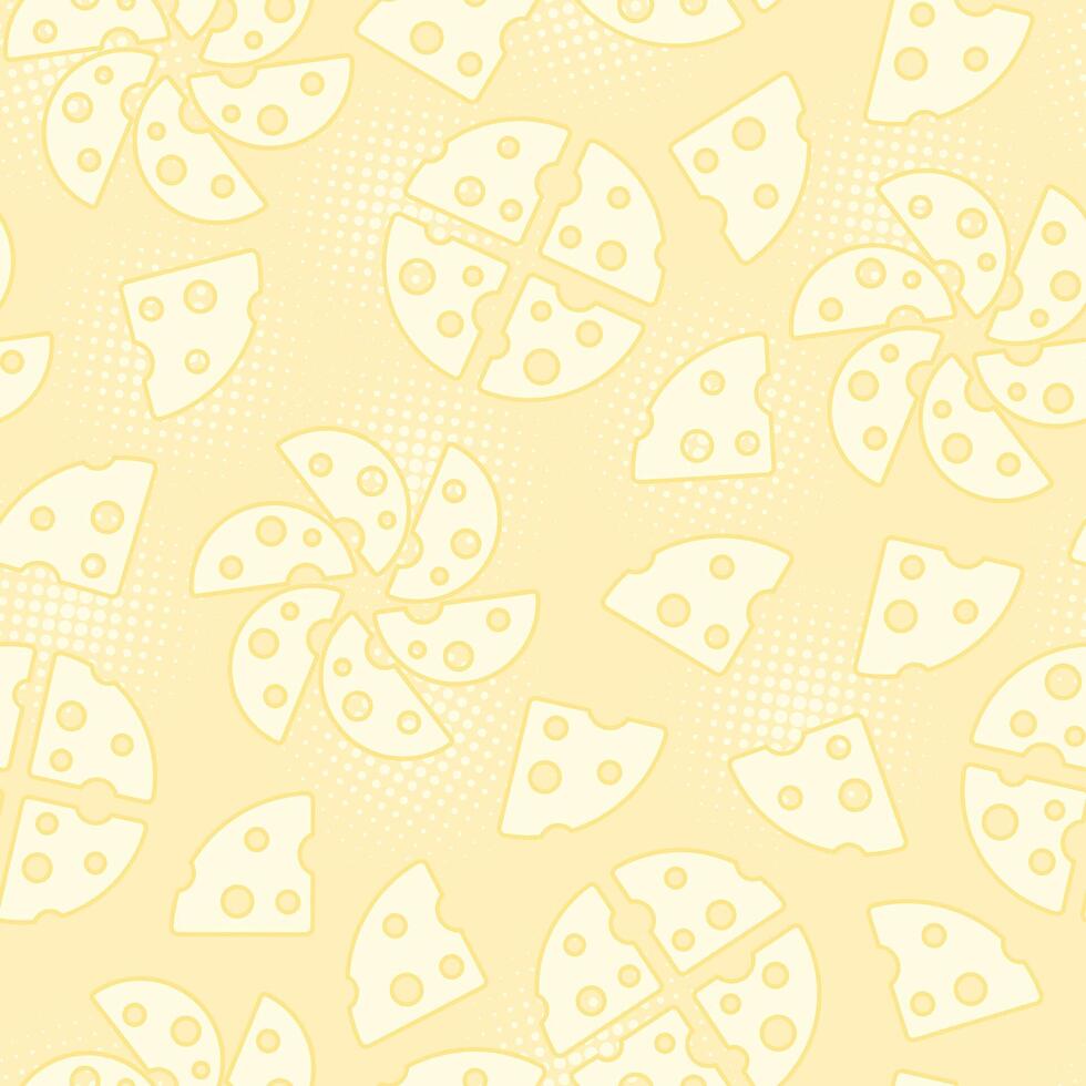 Seamless pattern with icons of sliced cheese, halftone shapes. Cheese holey pieces on light yellow background. Low contrast. Flat simple style. Random scattered objects. vector