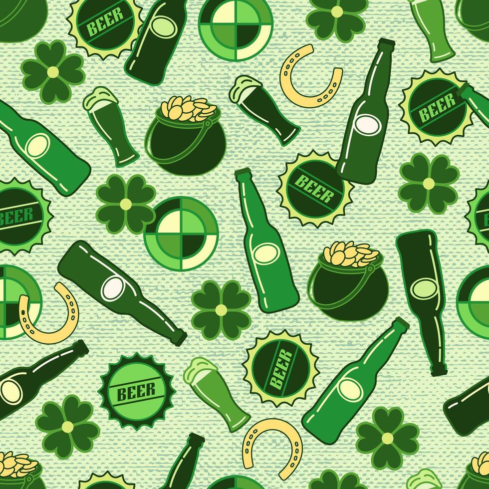 Patrick day pattern with scattered icons of beer bottle, glass, bottle caps, lucky clover on grunge textured background. For branding, decoration of beer package, decorative print. vector