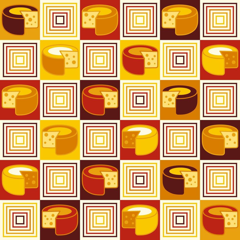 Seamless geometric checkered pattern with icons of Cheese, square outline shapes in flat simple geometric style. Classic checkered square grid. For branding, food packaging, textile kitchen prints vector