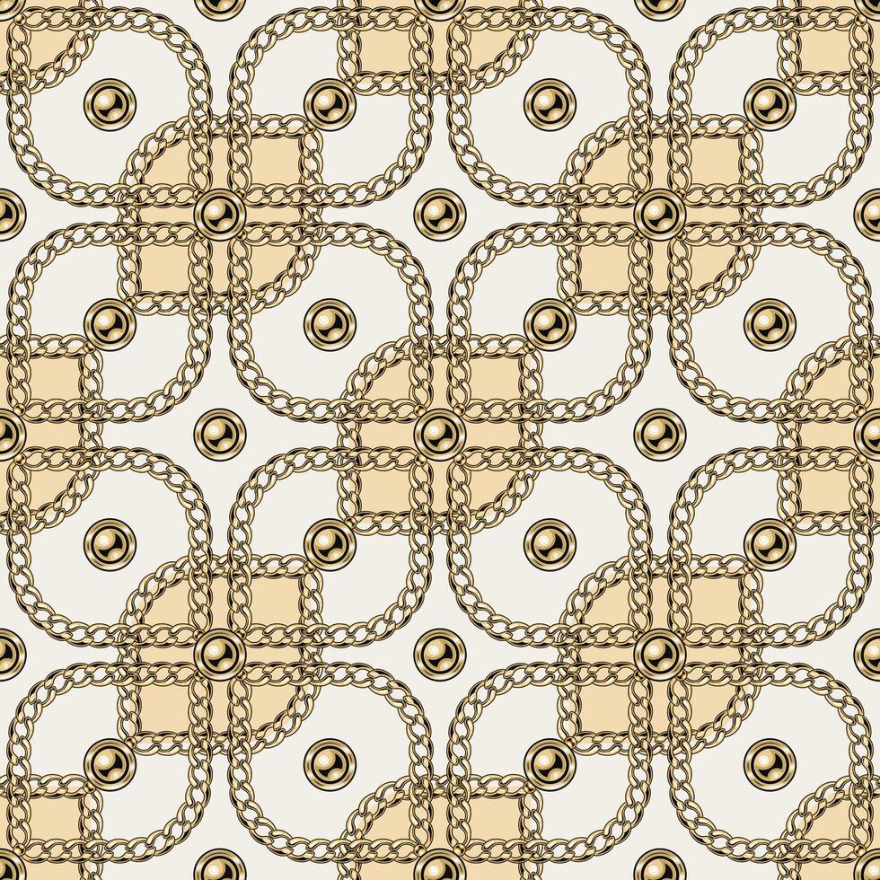 Seamless pattern with geometric square shapes, gold chains, beads, buttons. Classic diagonal grid. Vintage style vector