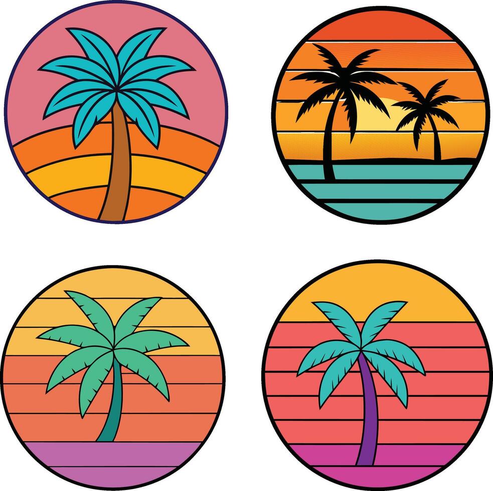 Palm tree with sun sets in sea beach vector