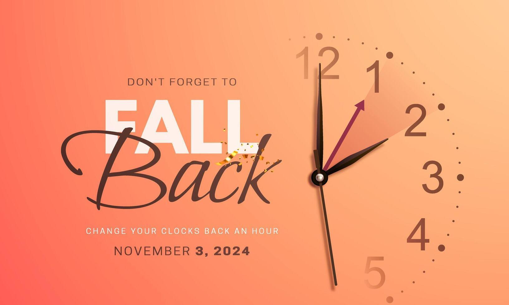 Daylight saving time ends. Fall back concept banner with wall clock face, realistic hands and golden confetti. Clock Dial with hands moving backward by an hour in november 3, 2024 vector