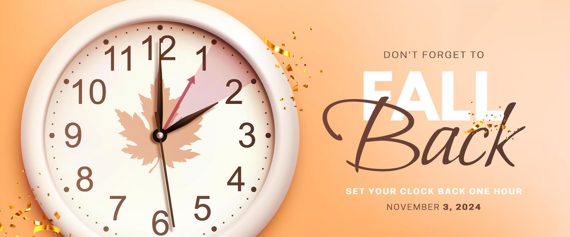 Daylight saving time ends. Fall back concept banner with realistic wall clock and golden confetti on orange background. Don't forget to set your clocks back an hour in november 3 vector