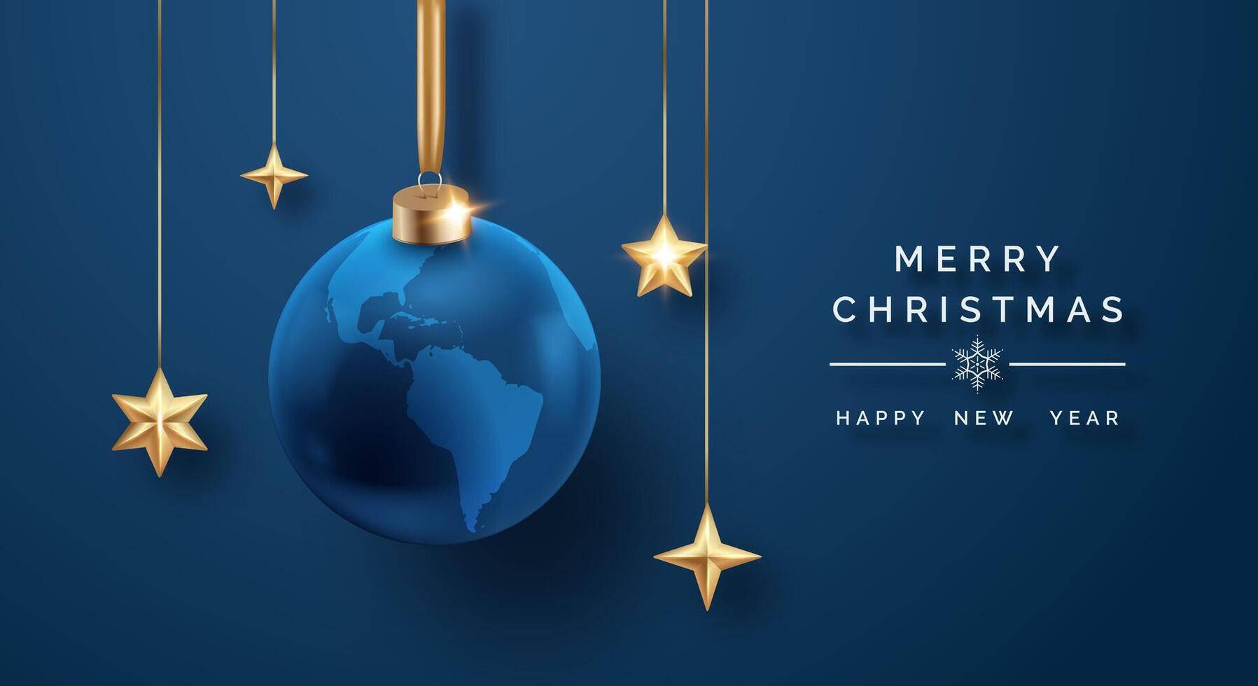 Christmas card with a blue globe ornament, golden stars, and festive message on a navy background vector