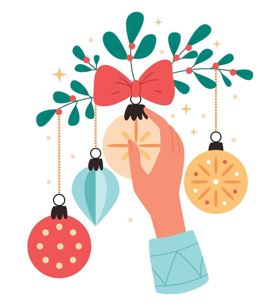 Female hand decorating or holding christmas tree decoration. Decorating the Christmas tree. Christmas concept. vector