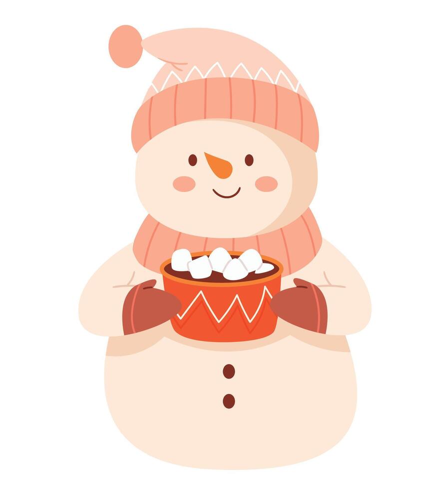 A snowman in a hat and mittens drinks cocoa with marshmallows.Happy winter snow man in hat vector