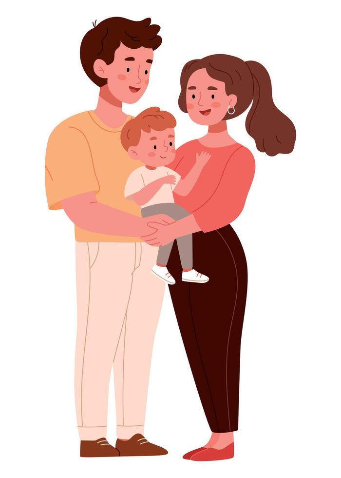 Positive parents, couple with funny kid.Smiling parents and child isolated on white background. vector