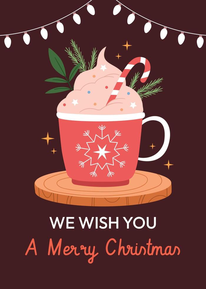 Christmas red cup with a warm drink decorated with cream, caramels and a Christmas tree. Wooden stand. Hand drawn style vector