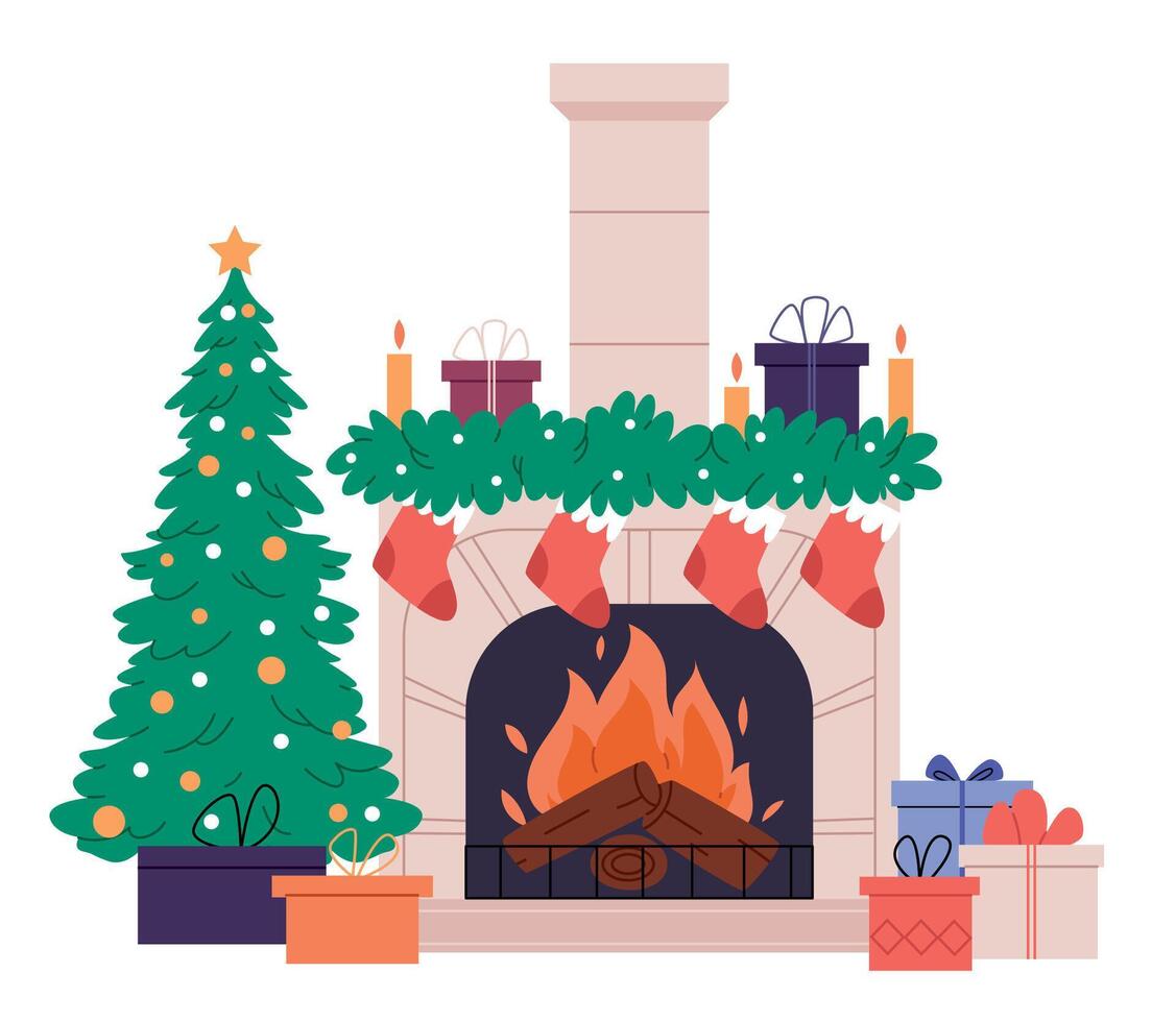 Christmas fireplace with a tree and gifts. cartoon illustration of cozy home interior with Xmas tree decorated with toys and garland, gift boxes on floor vector