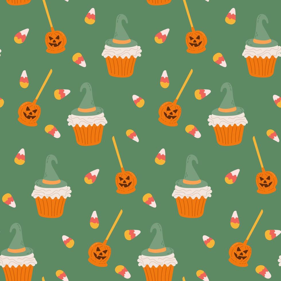 Halloween seamless pattern for Trick or Treat designs. Hand drawn scary lollipops, witchy cupcakes and corn candies. Cute print design for Halloween on green background vector