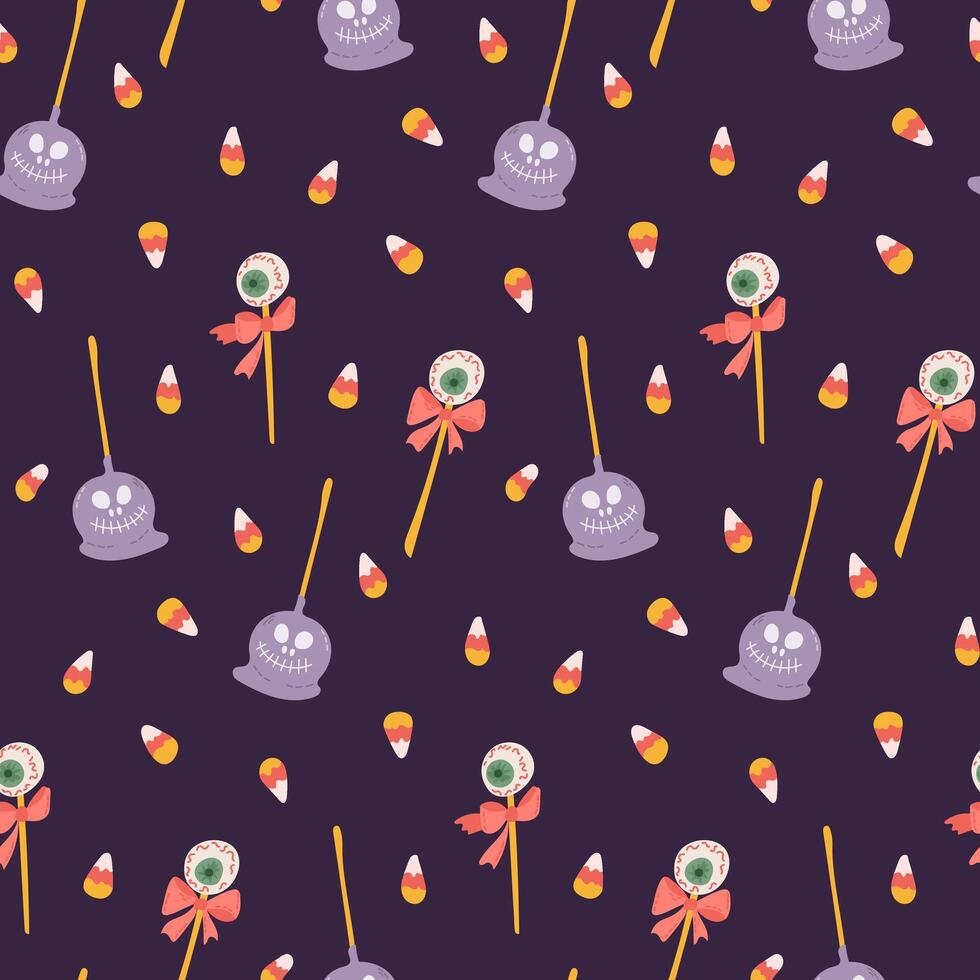 Halloween lollipops seamless pattern with hand drawn scary candies. Creepy lollipops and candy corns. Cute print design for Halloween on dark background vector