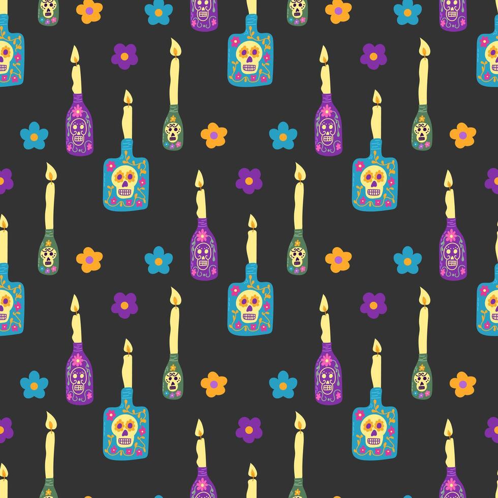 Folk Mexican style seamless pattern for Dia de los Muertos holiday. Decorated bottles with skulls, burning candles and flowers on black background. vector