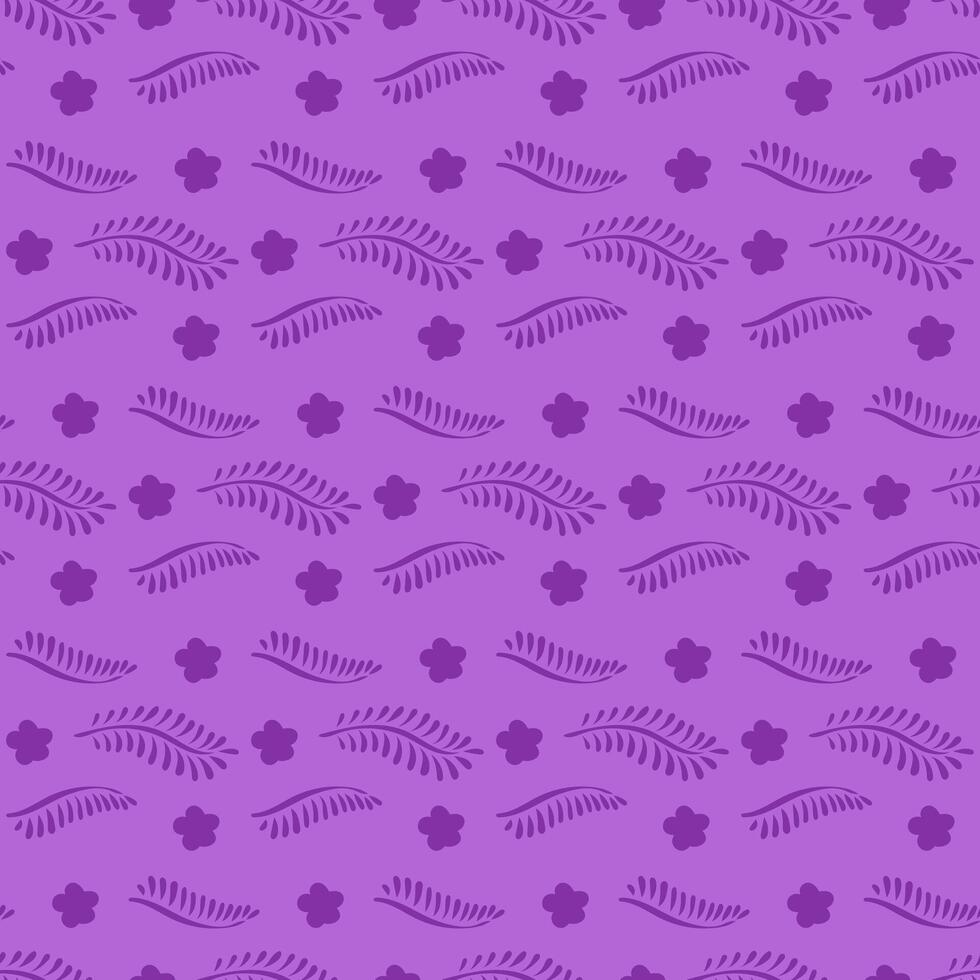 Folk style monochrome seamless pattern with flowers and fantasy fear. Hand drawn flowers on purple background. vector