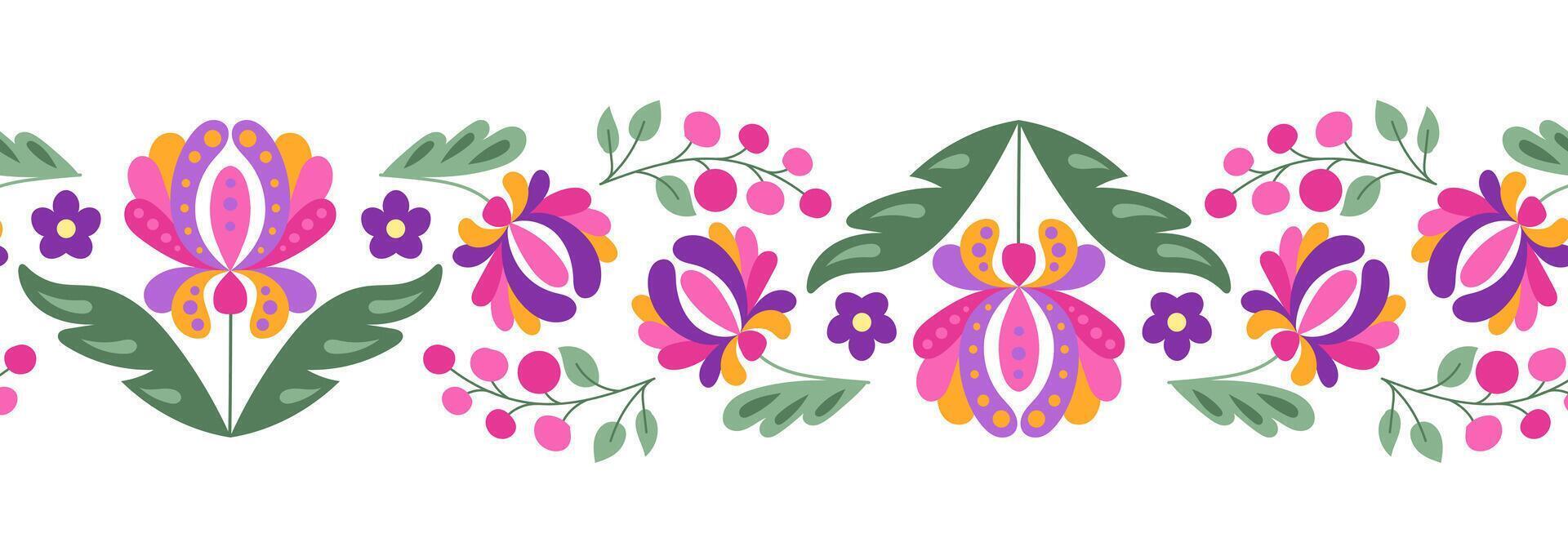 Folk fantasy floral seamless border in Mexican style. Botanical flat illustration in Latin American traditional style isolated on white background for day of the dead holiday vector