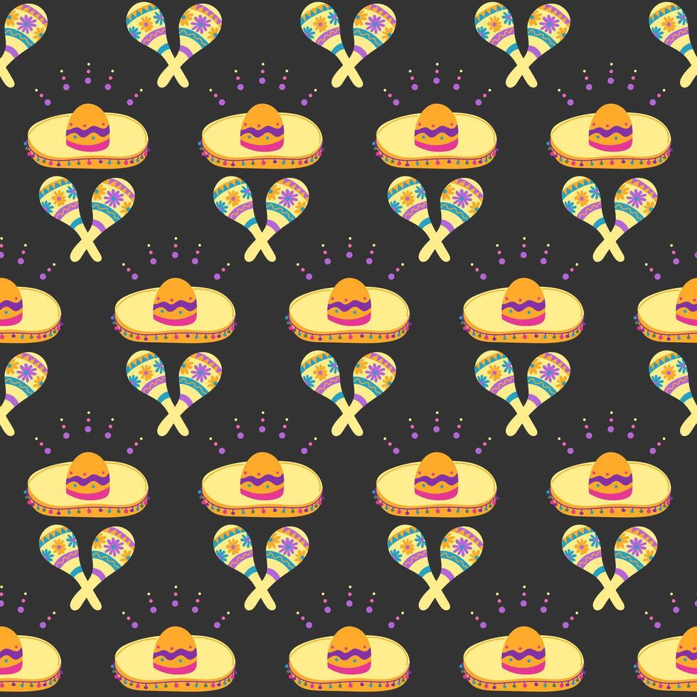 Mexican style seamless pattern for Dia de los Muertos holiday. Decorated maracas with sombrero on black background. vector