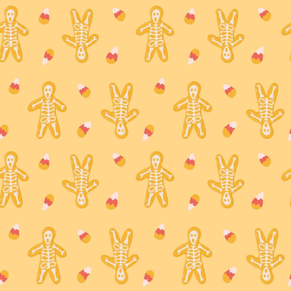 Halloween seamless pattern with spooky gingerbread man and candy corn. Hand drawn scary lollipops, witchy cupcakes and corn candies. Cute print design for Halloween on yellow background vector