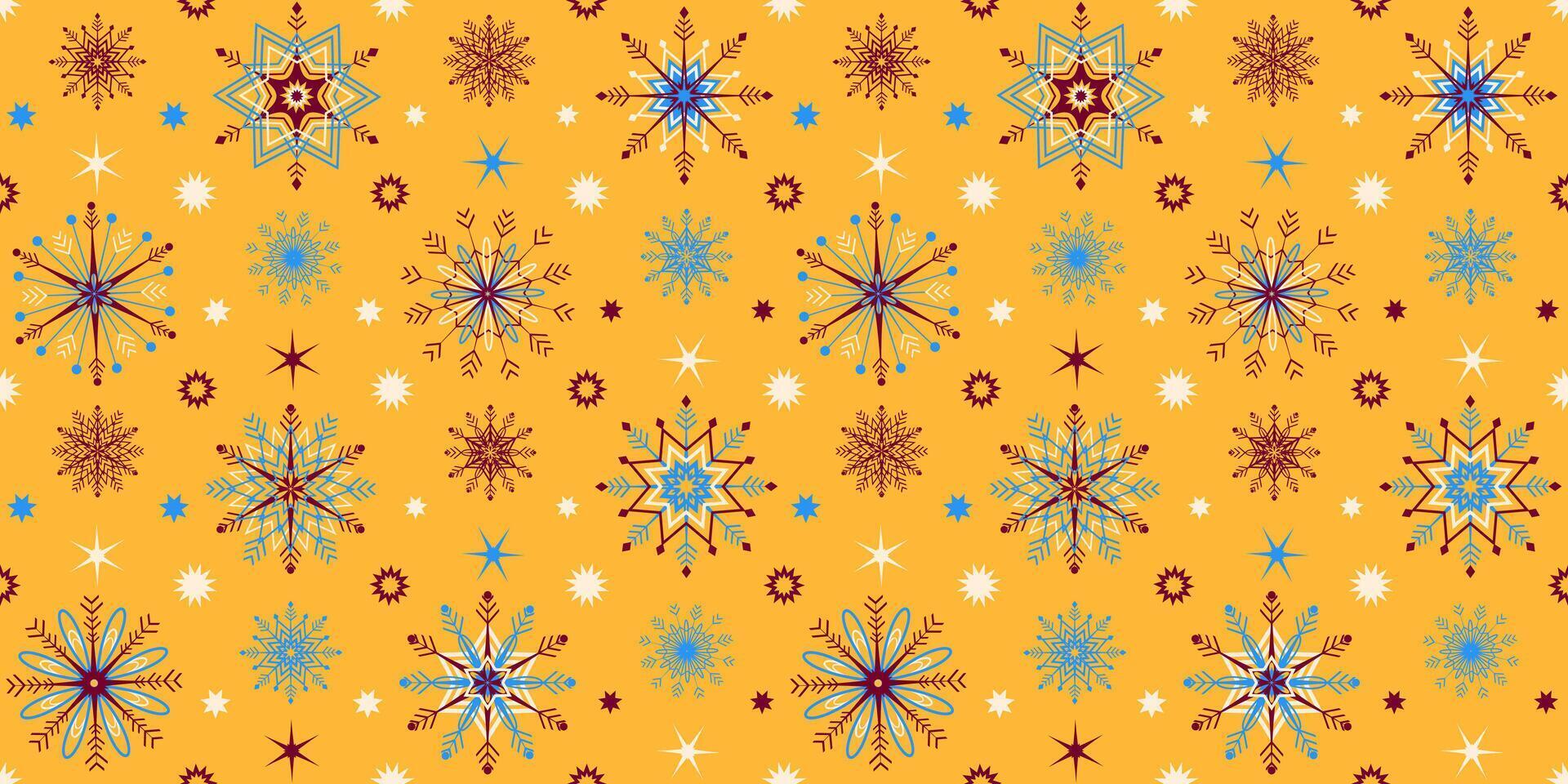 Colored snowflakes and stars on a yellow background. Seamless winter pattern. vector
