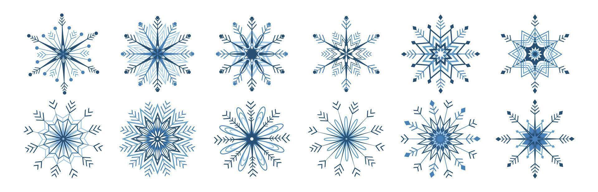 A set of snowflakes of different shapes. Winter decor for your design. Blue pattern with shades on a white background vector