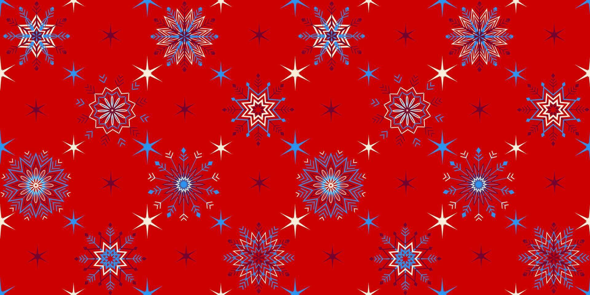 Seamless winter pattern. Colored snowflakes on a red background vector
