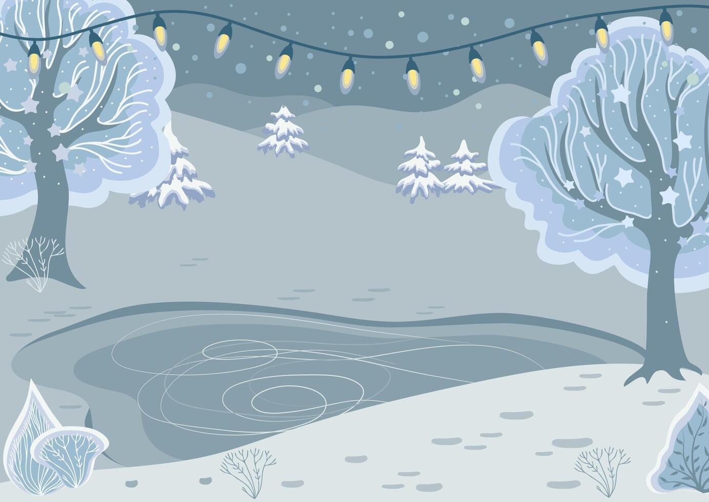 Winter landscape with snow-covered trees, fir trees, and garland. Snowy park. Winter wonderland. Background with cartoon trees. Frosty forest. Beautiful banner. Flat illustration. vector
