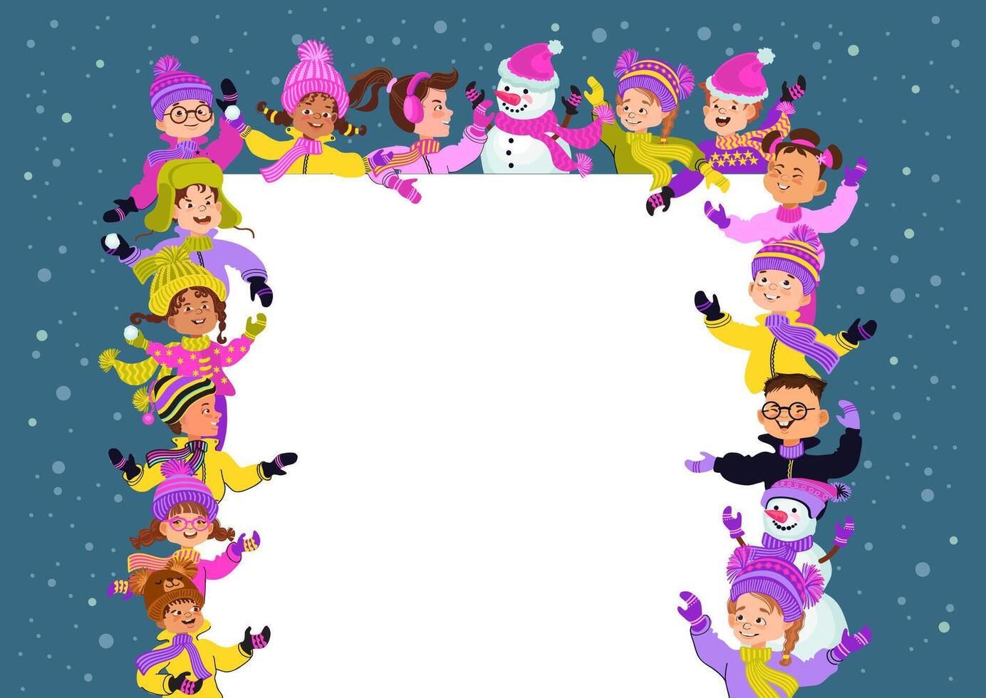 Happy kids in bright winter clothes and a snowman. Greeting card or poster template. Cheerful cartoon children and a place for your text. Flat illustration. vector