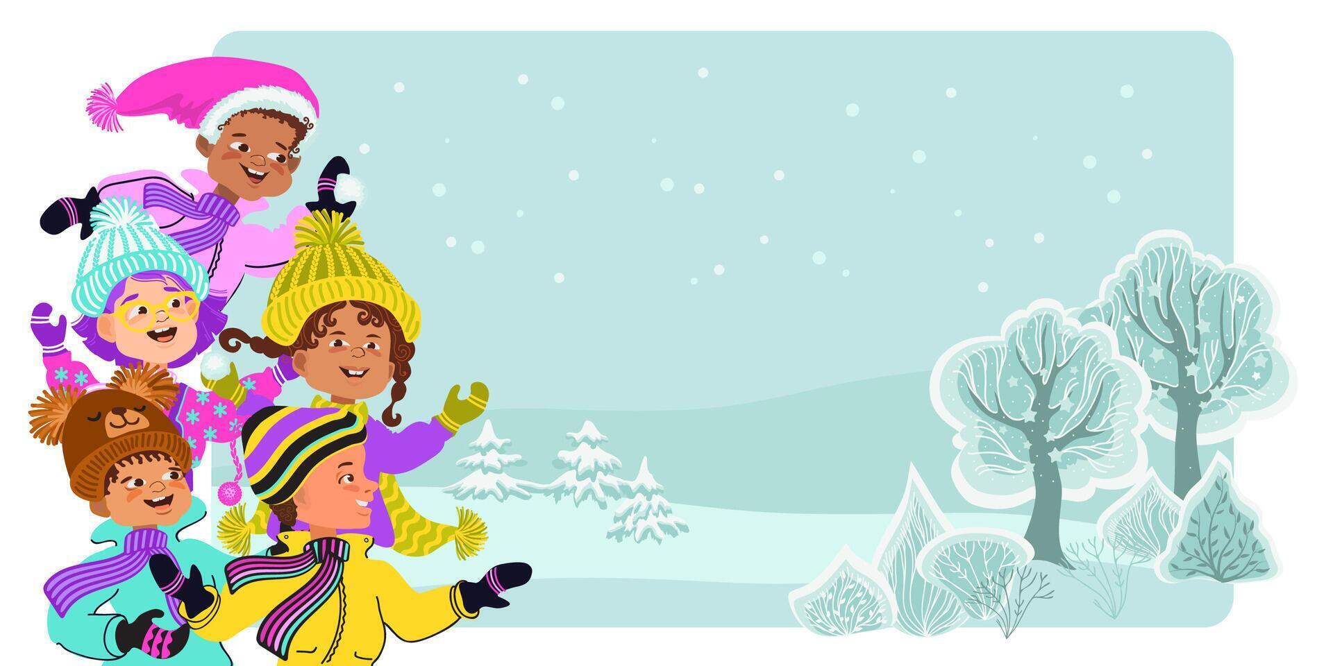 Group of happy kids against the background of a winter snowy landscape. Children laugh and wave their hands. Cute cartoon children in bright winter clothes. Flat illustration. vector