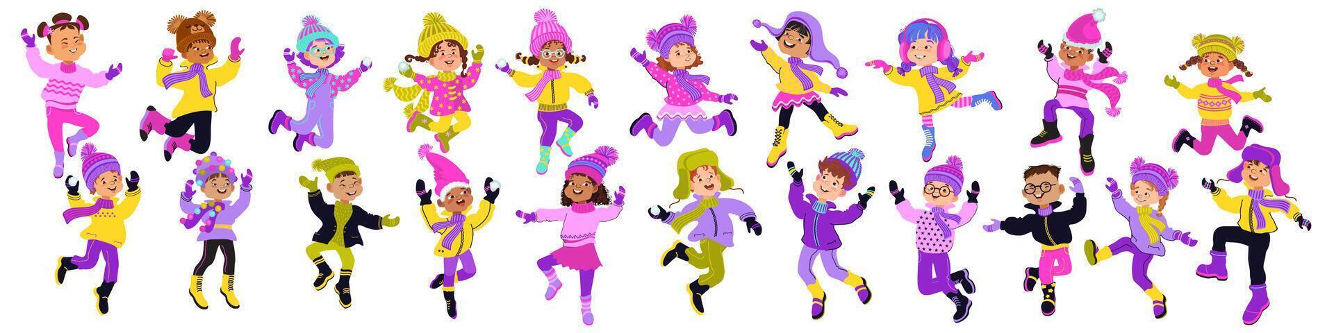 Happy children in bright winter clothes jumping and having fun. Set of cute cartoon kids isolated on a white background. Diverse multiethnic children. Flat illustration. vector