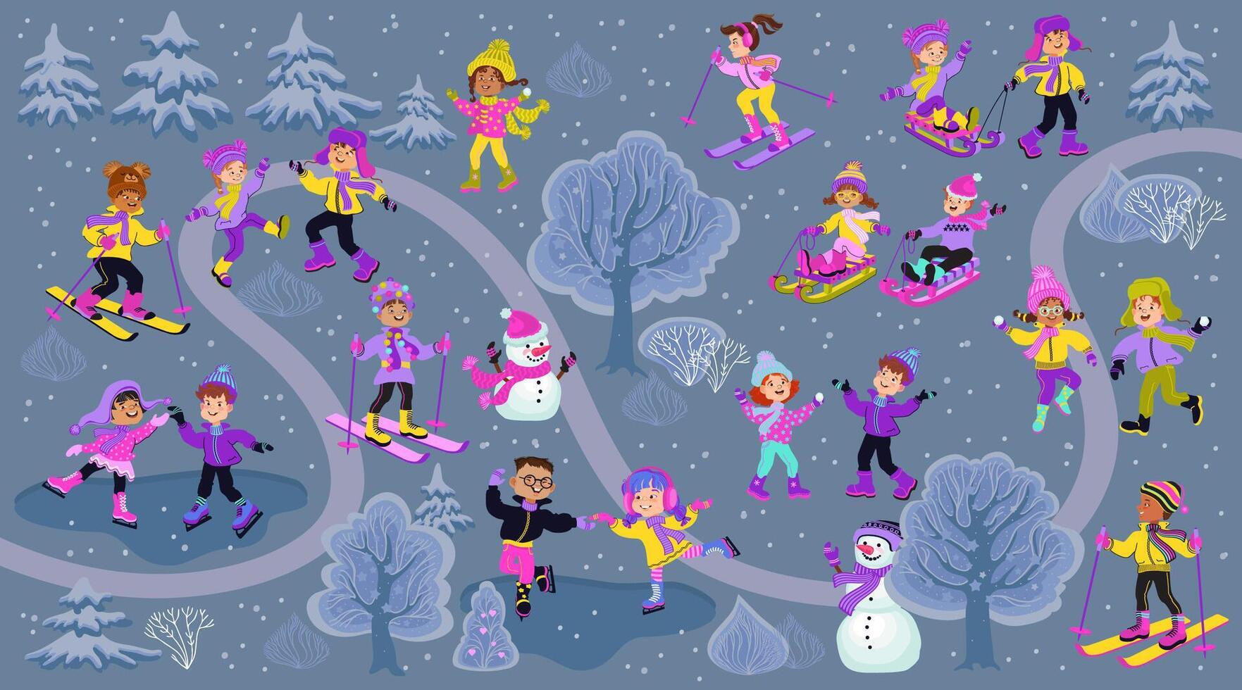 Happy children playing in the winter park. Cartoon forest map. Kids go sledding, skating, skiing, playing snowball. Lots of kids in the park. Flat illustration. vector