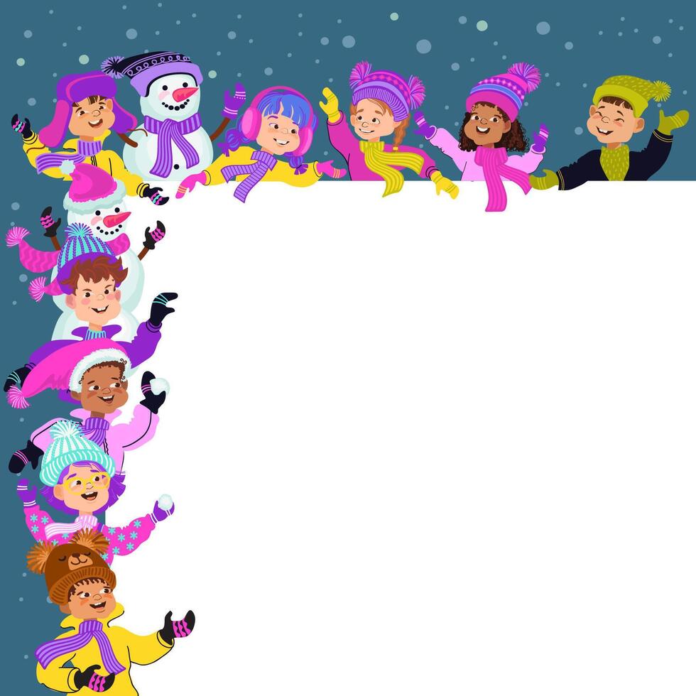 Happy children in bright winter clothes and a snowman. Greeting card or poster template. Cheerful cartoon kids and a place for your text. Flat illustration. vector