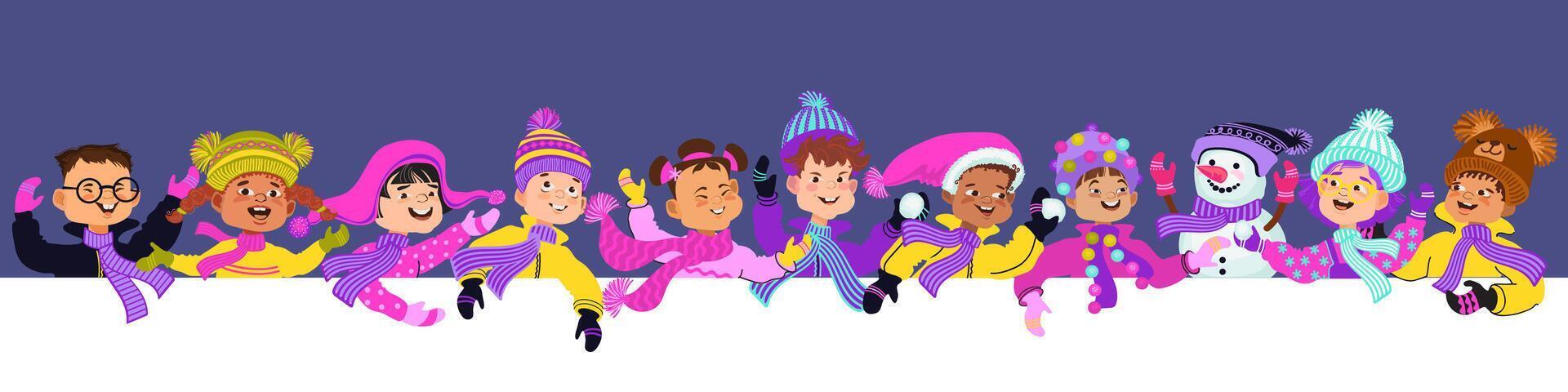 Happy children in bright winter clothes and a snowman. Greeting card or poster template. Cheerful cartoon kids and a place for your text. Flat illustration. vector