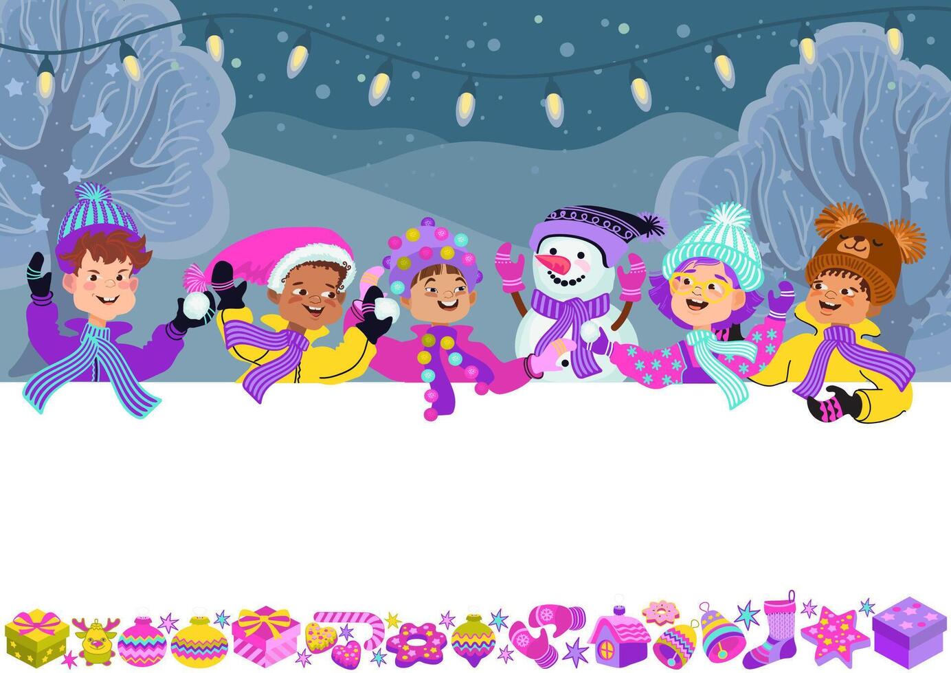 Happy kids in bright winter clothes and a snowman. Greeting card template. Cheerful children, Christmas decor, and a place for your text. Flat illustration. vector