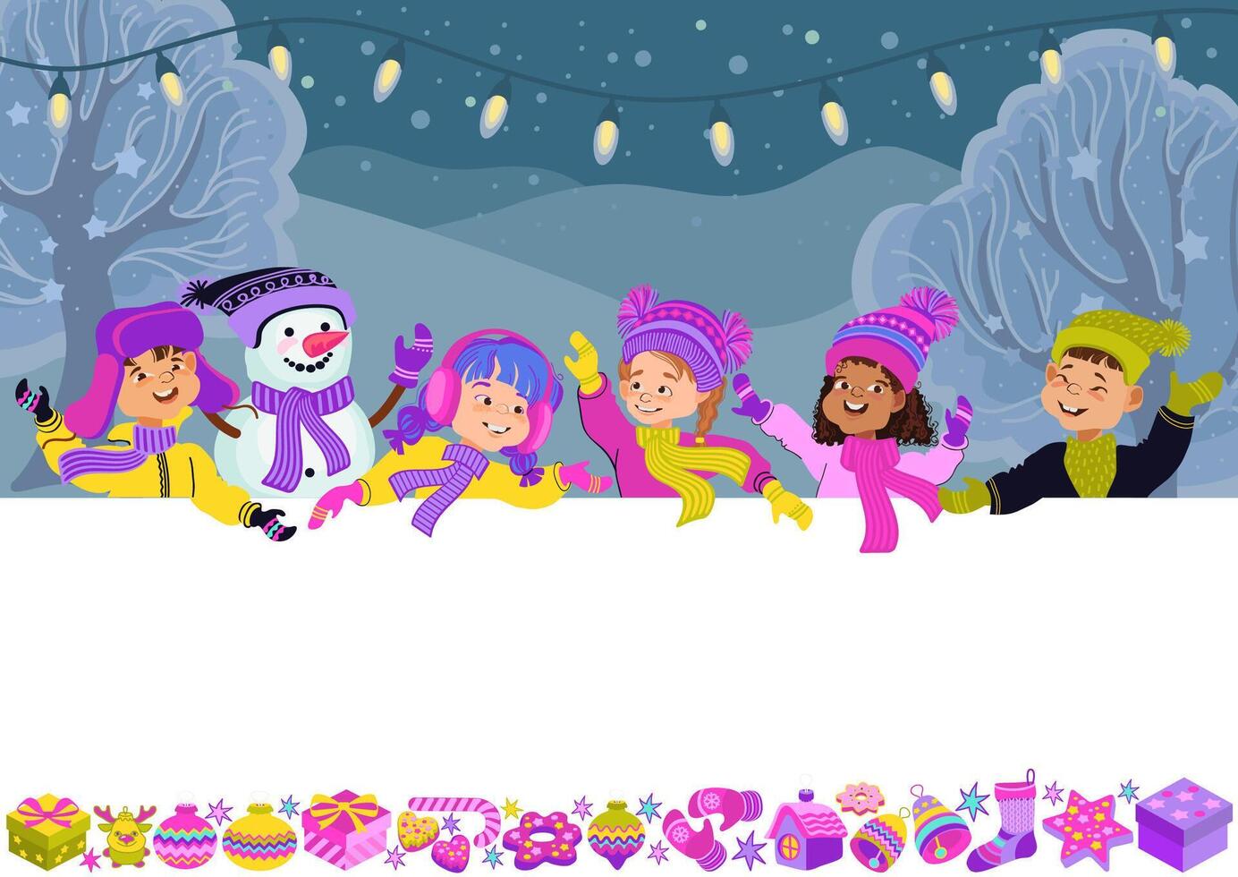 Happy kids in bright winter clothes and a snowman. Greeting card template. Cheerful children, Christmas decor, and a place for your text. Flatillustration. vector